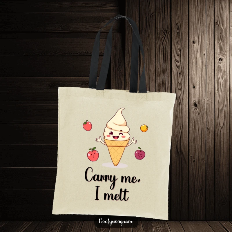 Funny ice cream cone grinning and juggling small fruits, a functional tote bag design that’s as delightful and humorous as a sweet treat.