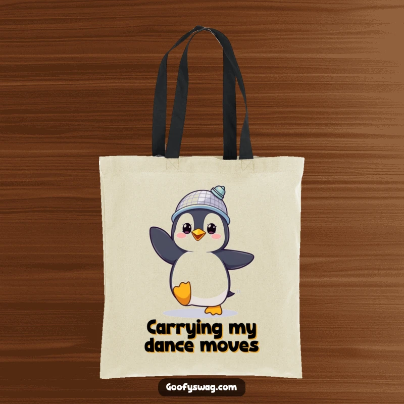 Funny Tote Bag showing a proud penguin in a disco ball hat, dancing energetically, a fun accessory.