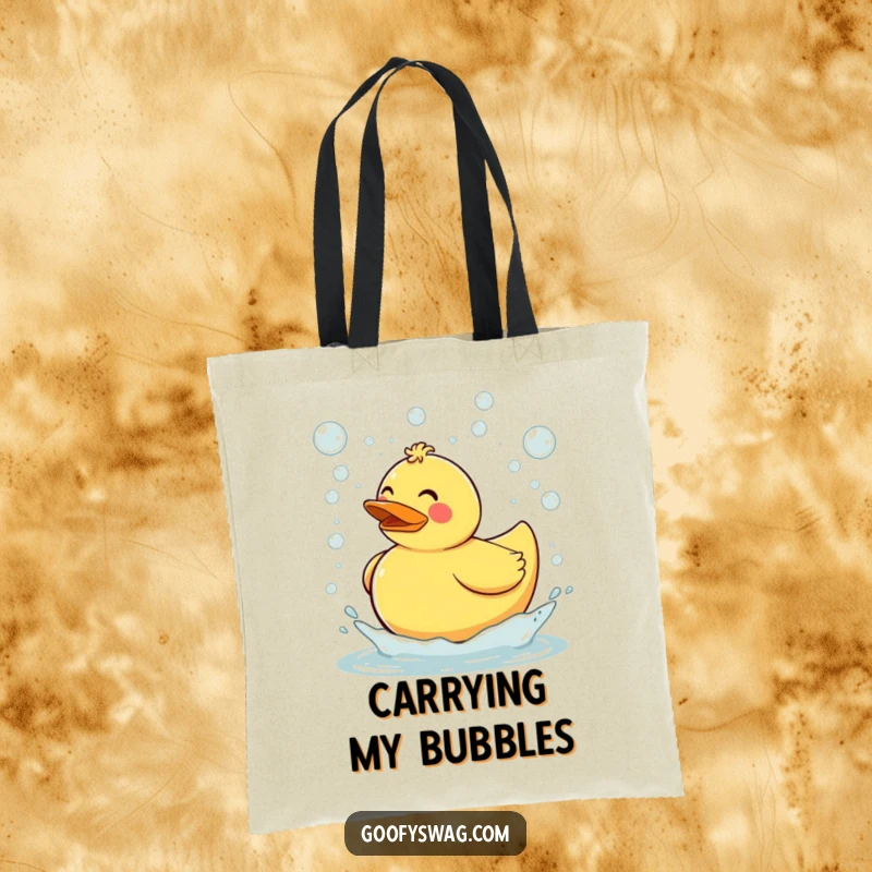 Funny clumsy rubber duck tripping and sending bubbles flying everywhere, a durable tote bag design that’s as fun and humorous as a bubbly bath.