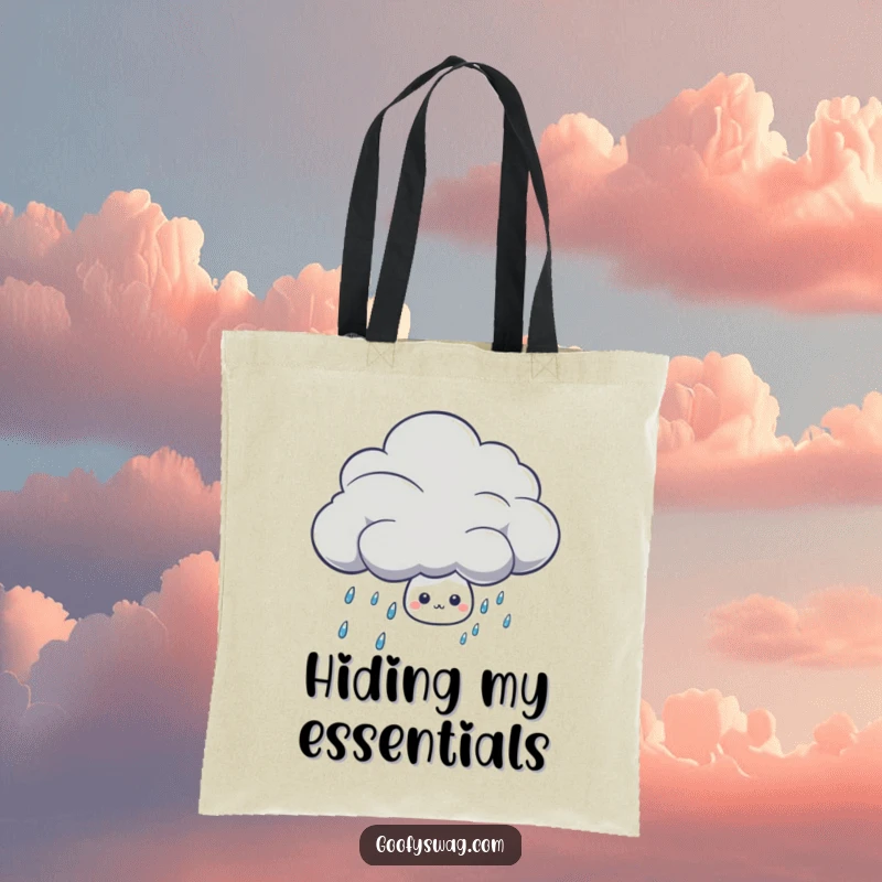 Funny shy rain drop character hiding behind a thunder cloud on a durable tote bag, great for daily use.