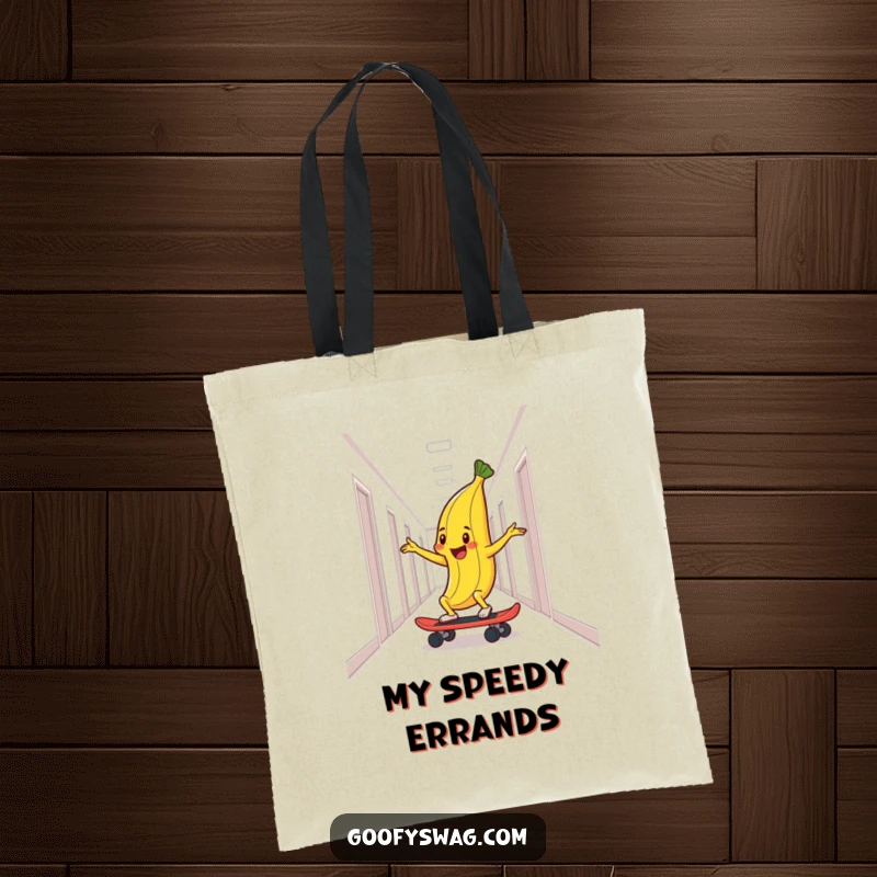 Funny tote bag with a delighted banana peel skateboarding down a hallway, a humorous and practical accessory for carrying belongings.