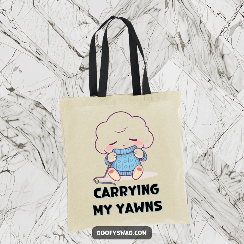 Funny sleepy cloud knitting tote bag, showcasing a tired character with yarn, perfect for carrying essentials stylishly.