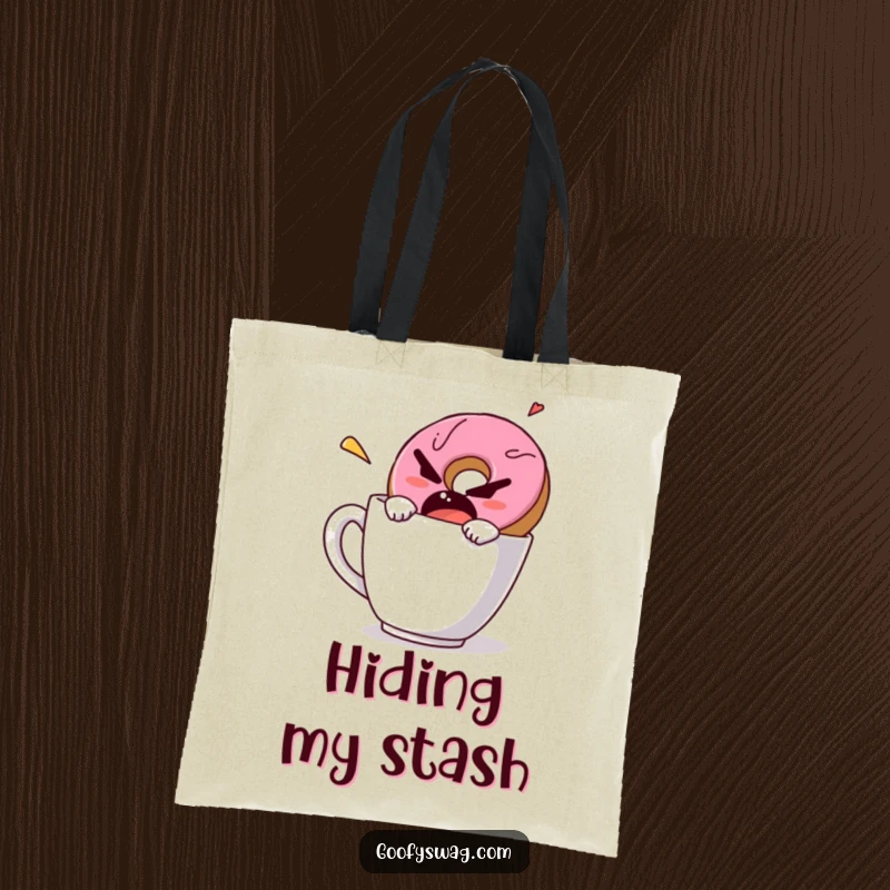 Funny tote bag with a grumpy donut comically escaping a coffee mug, a humorous accessory for daily errands and commutes.