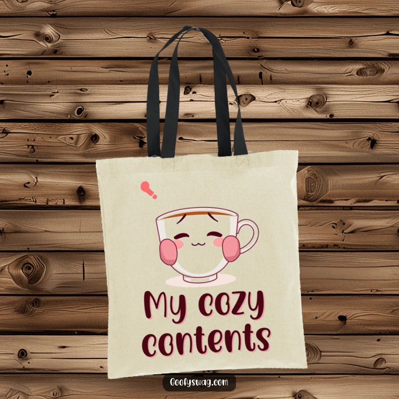 Funny tote bag with a confused teacup wearing socks on its handles, a charming and humorous accessory for carrying your belongings.