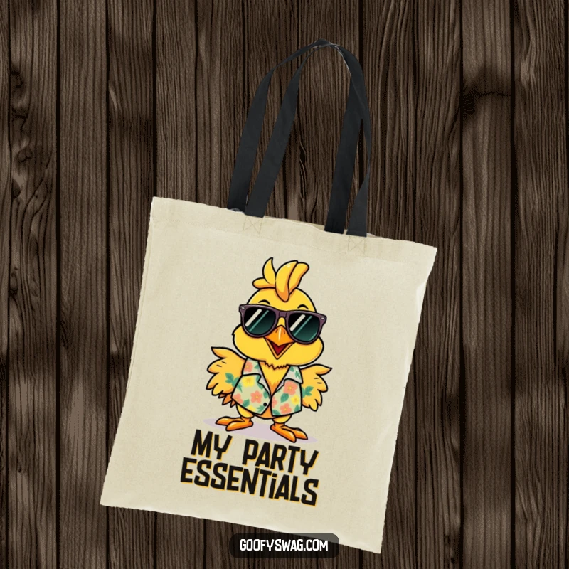 Funny rubber chicken Hawaiian shirt tote bag, a comical character embodying tropical fun and vacation vibes.