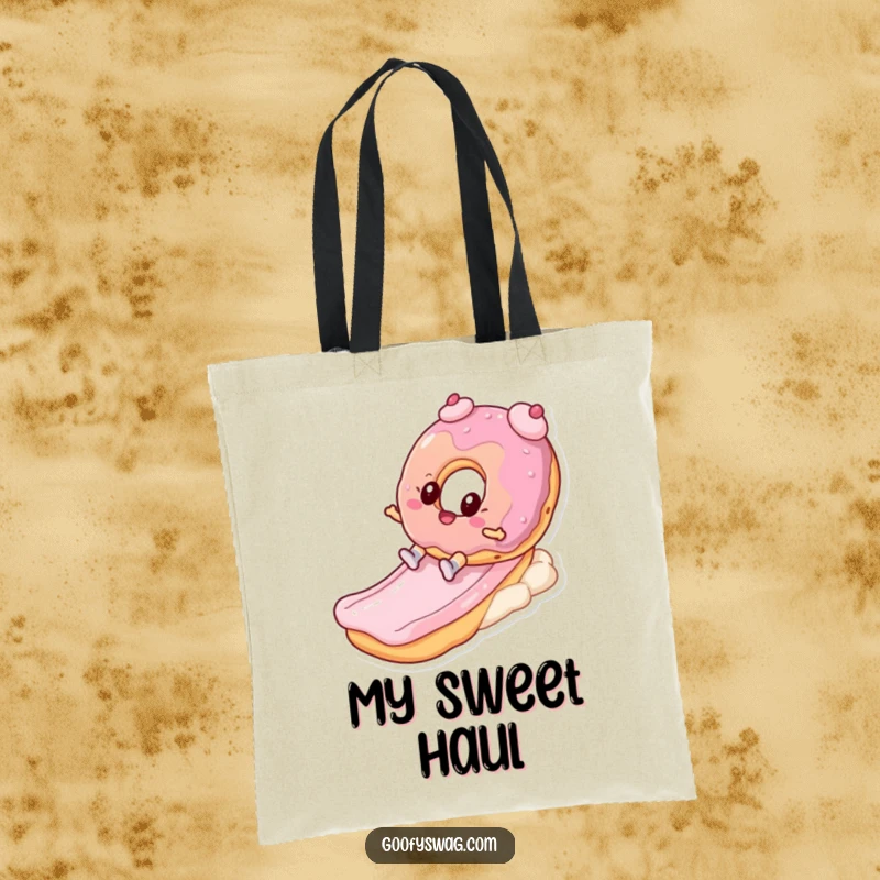 Funny donut character sliding down a frosting slide on a tote bag, ideal for carrying goodies with a side of humor.